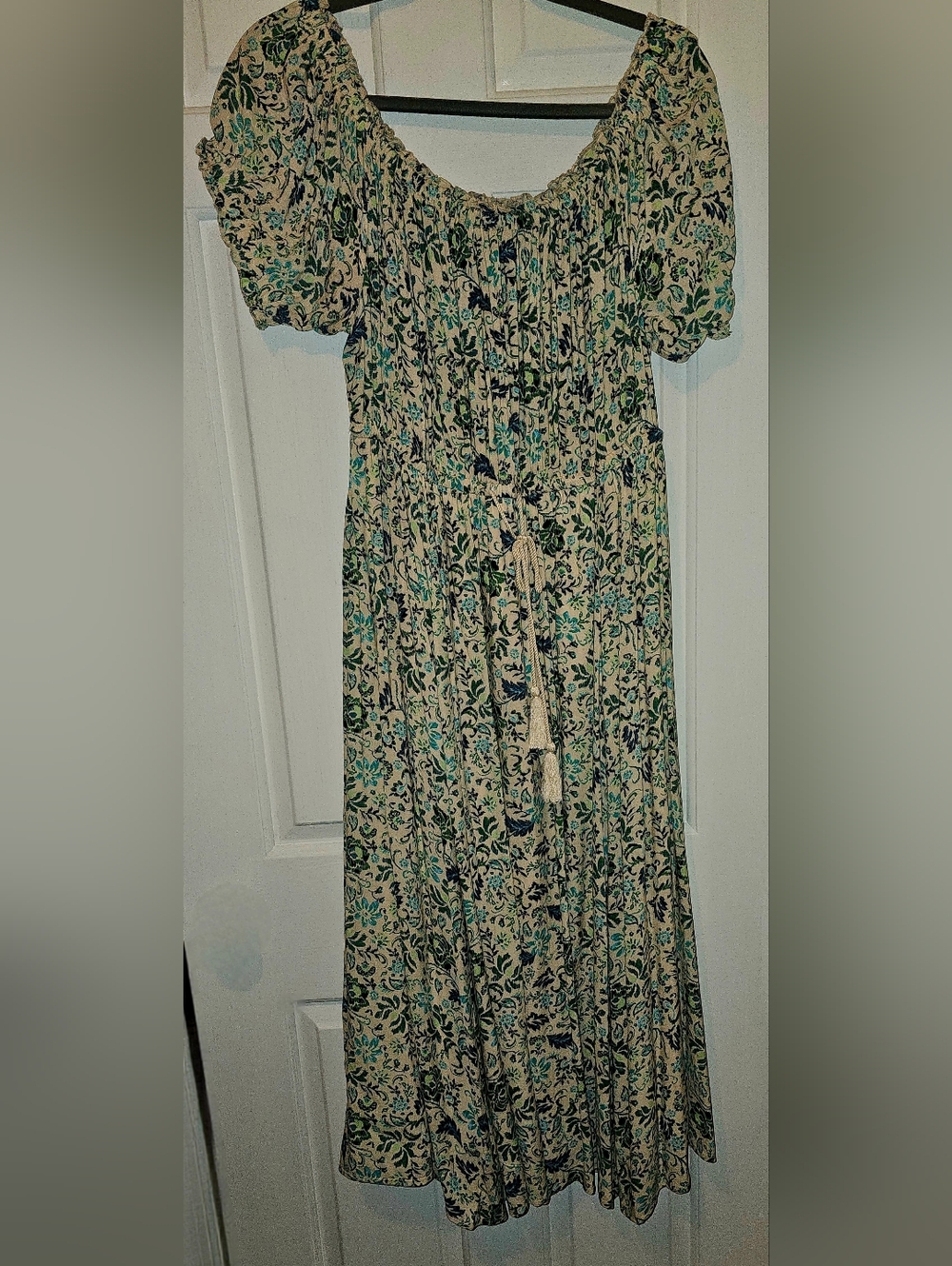 Torrid Cream Floral Midi Dress with Green and Blue Print